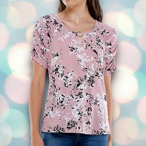 Adrienne Vittadini Women’s Pink Floral Keyhole Short Sleeve Blouse Top Size S